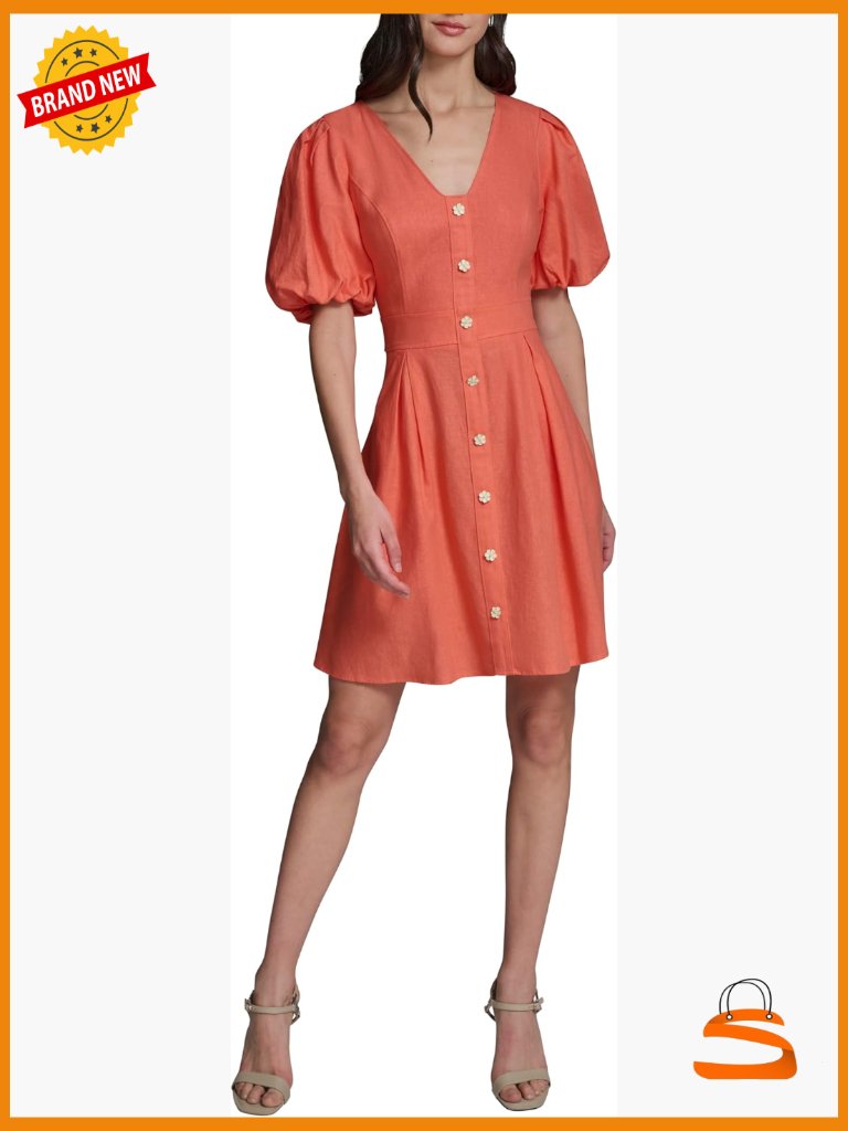 Short Sleeve V-Neck Linen Fit & Flare Dress With Buttons